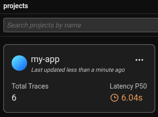 Arize Phoenix UI showing my-app in project list