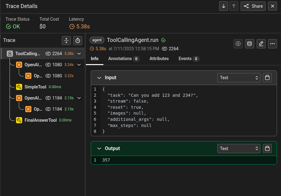 Arize Phoenix UI showing trace details of most recent trace