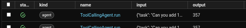 Arize Phoenix UI showing most recent trace in traces list