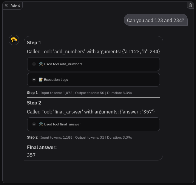Gradio app show add_numbers tool call and result