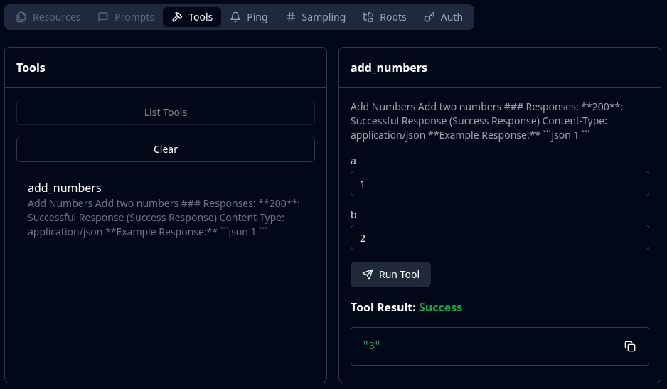 MCP Inspector show result of add_numbers tool