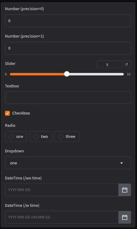 Gradio UI showing various input types