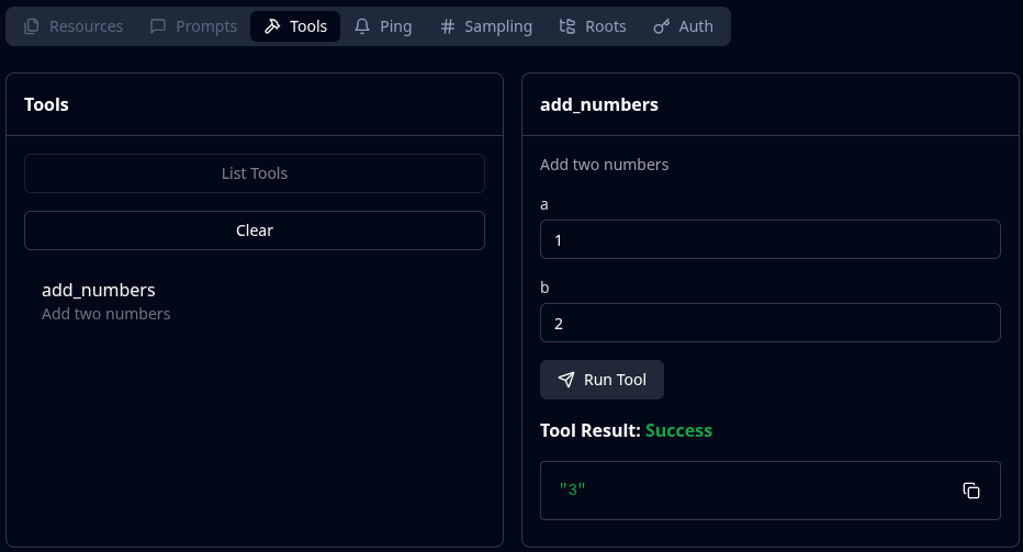 MCP Inspector show result of add_numbers tool