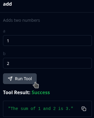 MCP Inspector: <code>add</code> tool result
