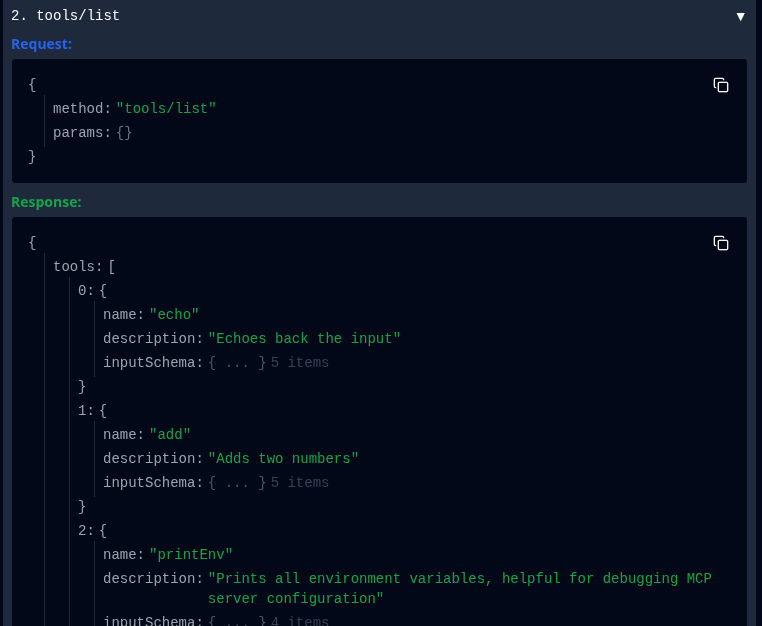 MCP Inspector: List Tools request response