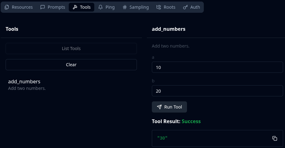 MCP Inspector show result of add_numbers tool